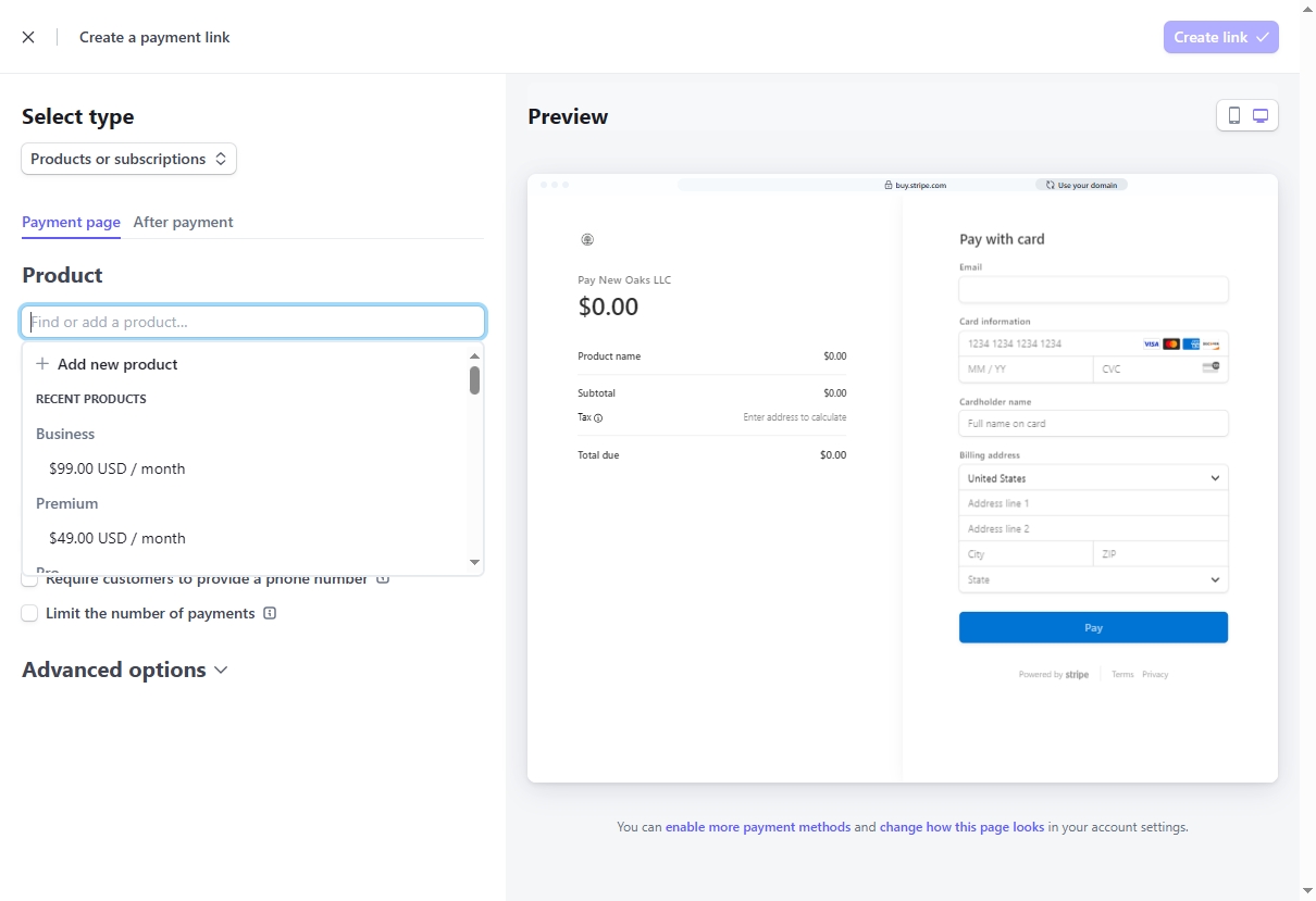 Stripe Create Payment Link
